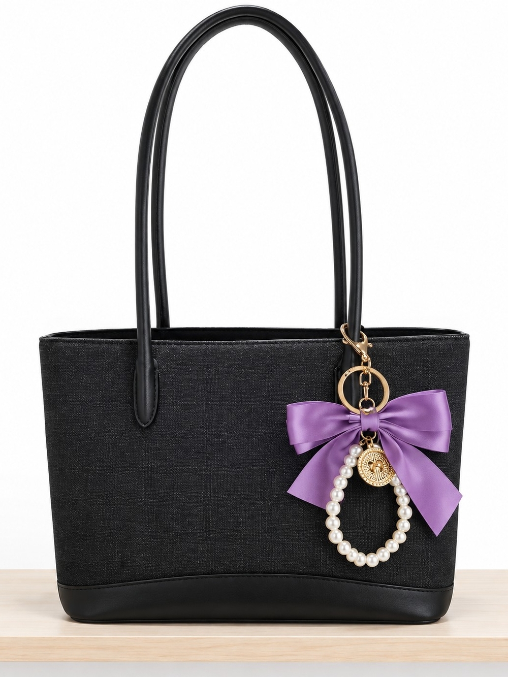 Denim Tote Bag with Purple Bow and Pearl Charm